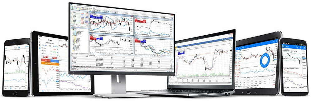 MetaTrader displayed across a phone, a tablet, a desktop monitor and a laptop, each screen showing trading charts