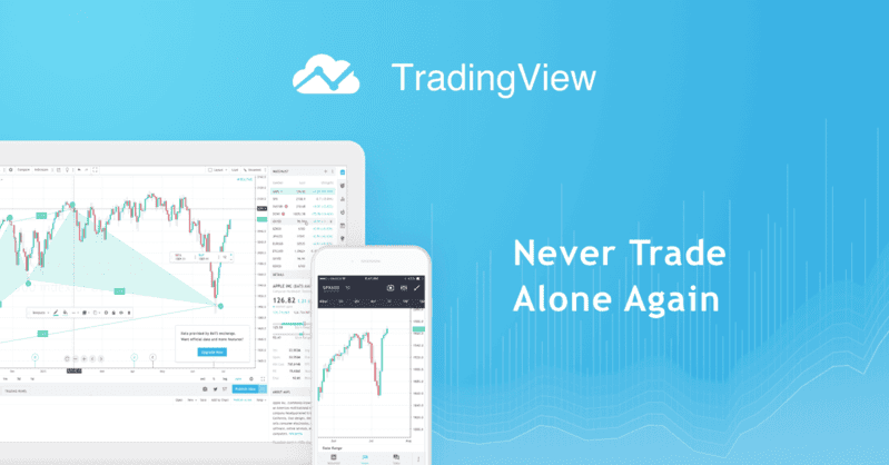 TradingView branding with the tagline Never Trade Alone Again, beside a laptop and a phone showing a price chart with a shaded trading range